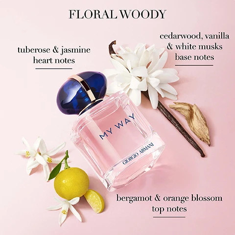 Image 1, floral woody. tuberose and jasmine heart notes. cedarwood, vanilla and white musks base notes. bergamot and orange blossom top notes. image 2, my way i am what i live.