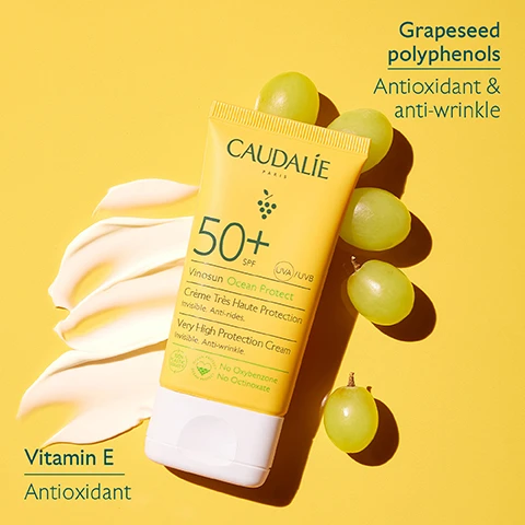 Image 1 - A yellow sunscreen tube labeled CAUDALIE 50+ SPF surrounded by green grapes and a slice of banana, with text indicating Grapeseed polyphenols Antioxidant & anti-wrinkle and Vitamin E Antioxidant.
              Image 2 - A sunscreen spray bottle labeled Caudalie with a yellow background, featuring key ingredients like grapeseed polyphenols and Vitamin E, and displaying 50+ SPF and Very High Protection on the product.
              Image 3 - A hand holds a yellow spray bottle labeled Caudalie 50+ with text reading Bi-phase formula and Shake before using in a light background.
              Image 4 - Image shows a collection of yellow sunscreen products from the Vinosun Protect line by Caudalie, including spray, cream, stick, and sun water, each displaying their SPF ratings: Spray SPF30/50, Cream SPF30/50+, Stick SPF50, Sun water SPF50+, and Lightweight Cream SPF50+.
              Image 5 - A variety of sun care products from Caudalie are displayed on a sandy surface, featuring bright yellow packaging, with text stating Suitable for children from 3 years, UVA/UVB High Protection, and Green on scanner apps.