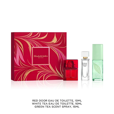 Image 1 - A red gift box with gold and pink swirl patterns featuring the Elizabeth Arden NEW YORK logo is displayed alongside a red Red Door perfume bottle, a clear Elizabeth Arden White Tea perfume bottle, and a green Elizabeth Arden Green Tea perfume bottle, with accompanying text below reading RED DOOR EAU DE TOILETTE, 10ML WHITE TEA EAU DE TOILETTE, 10ML GREEN TEA SCENT SPRAY, 15ML. Image 2 - A four-panel image features text in the top left, white and yellow freesia flowers on a yellow background in the top right, a red rose close-up in the bottom left, and wavy reddish-brown rock formations in the bottom right, with the visible text Red Door Notes of Freesia, Red Rose and Sandalwood. Image 3 - A four-panel image featuring a white panel with the text White Tea Notes of Clary, Sage, White Iris and Trio of Musks, a top right panel with purple flowers, a bottom left panel with a white iris flower, and a bottom right panel with flowing white sheer fabric. Image 4 - A four-panel image displays a close-up of a lemon slice, fresh green tea leaves, and moss-covered tree bark, with text that reads Green Tea, Notes of Lemon, Green Tea and Oakmoss.