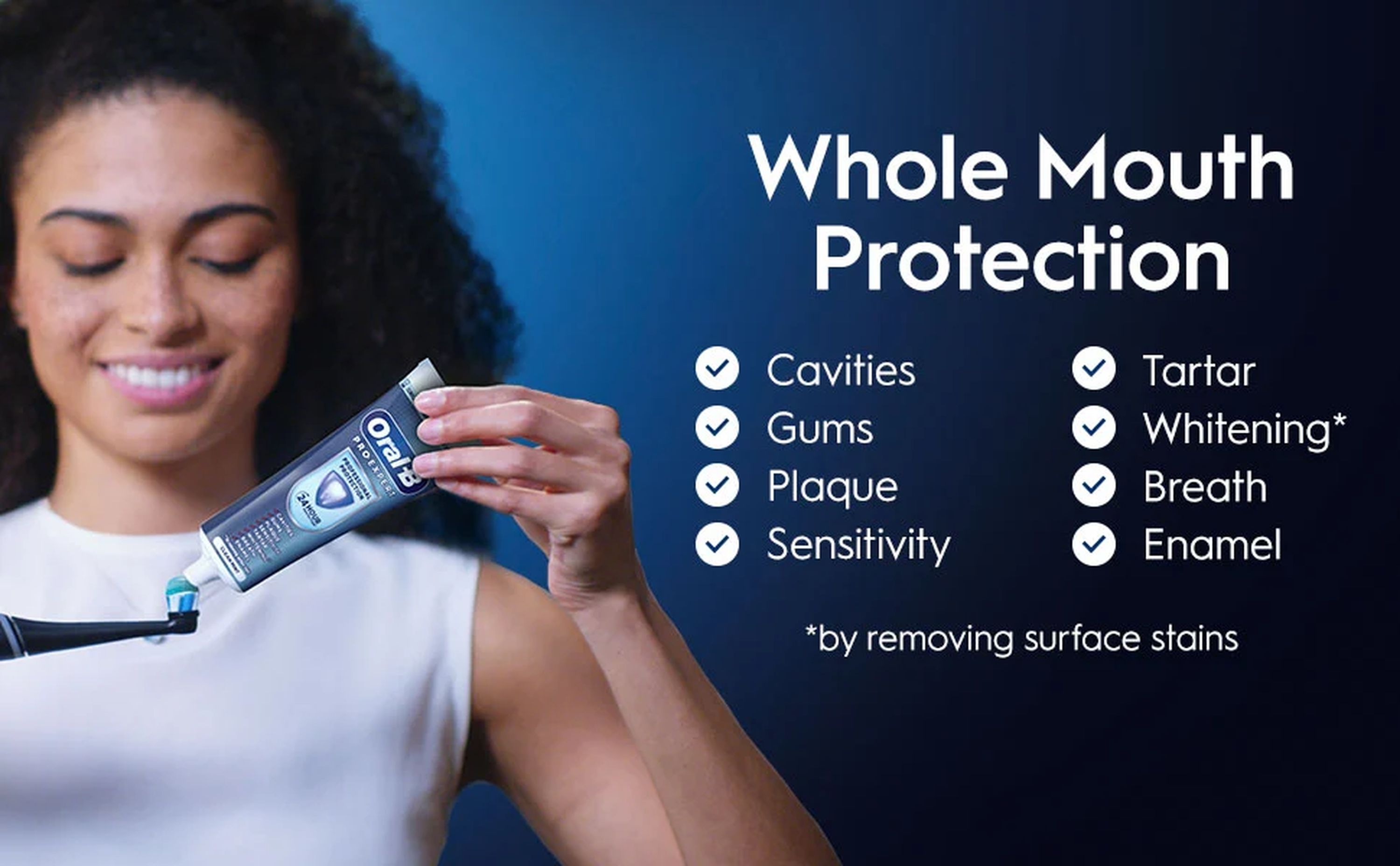 Whole Mouth Protection,
                                  Cavities,
                                  Gums,
                                  Plaque,
                                  Sensitivity,
                                  Tartar,
                                  Whitening*,
                                  Breath,
                                  Enamel.*by removing surface stains