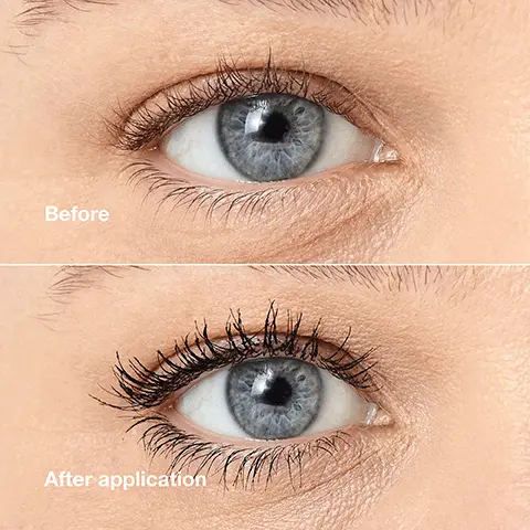 Image 1, Before After application Image 2, Soft fibre brush combs and defines Buildable volume + length