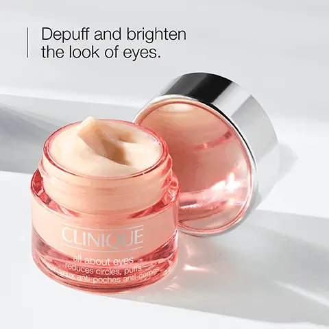 Image 1, Depuff and brighten the look of eyes. CLINIQUE all about eyes reduces circles, puis veux anti-poches anti-comes Image 2, Before After application