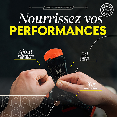 nourrissez vos performances. Ajout d'electrolytes essentiels. 2:1 ratio de glucides. 30g de glucides.