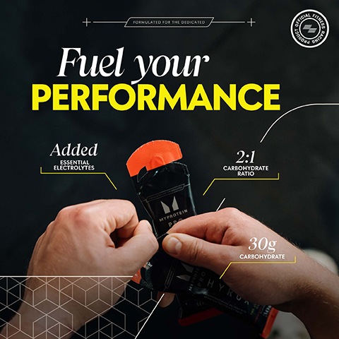 Image 1 - An individual is holding a packet labeled MYPROTEIN, which highlights the text Fuel your PERFORMANCE, with additional information about added electrolytes, a 2:1 carbohydrate ratio, and 30g carbohydrate.