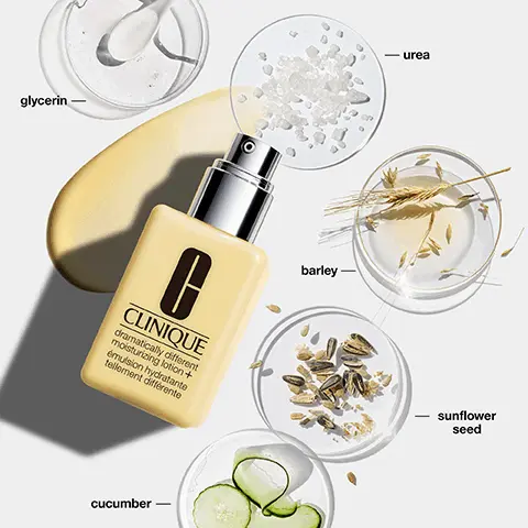 Image 1, glycerin C CLINIQUE dramatically different moisturizing lotion+ émulsion hydratante tellement différente barley cucumber - urea sunflower seed Image 2, DERMATOLOGIST-DEVELOPED FORMULA FOR SKIN THAT: Looks smoother. Looks more radiant. With less-noticeable pores for dry combination skin types. Image 3, Dermatologist developed formula for dry combination skin. CLINIQUE all about clean liquid facial soap mild savon visage liquide doux DRY COMBINATION SECHE A MIXTE