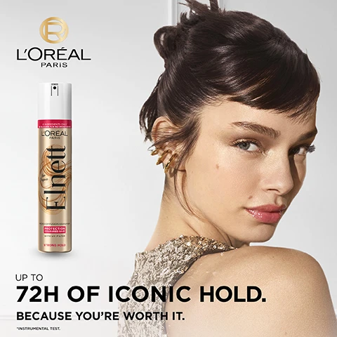 Image 1 - A model with short, styled hair is shown smiling while wearing a sequined top, and a can of LOréal Paris Elnett hairspray is prominently displayed next to her, with the text reading UP TO 72H OF ICONIC HOLD. BECAUSE YOURE WORTH IT.
              Image 2 - A can of LOreal Elnett hairspray is displayed on a pedestal with a dark background, featuring text that highlights its features: up to 72H hold, disappears at the stroke of a brush, anti-frizz, and no crunch, labeled as strong hold for protection of colored hair with UV filter.
              Image 3 - A hairspray can with a spray nozzle is shown against a dark background, featuring the text LOreal Paris Elnett, with phrases like same iconic fragrance, new caring formula with UV filter, micro-diffusion hairspray, sets your everyday style easily & weightlessly, and strong hold.
              Image 4 - An image featuring three cans of LOréal Paris Elnett hairspray on a gold tray, with visible labels reading Strong Hold, Normal Hold, and Protection for Coloured Hair, and the text PICK YOUR HOLD at the top.
              Image 5 - Two cans of LOréal Elnett hairspray are displayed against a black background, with the text NEW LOOK, SAME ICONIC HOLD above and details about the products on the cans, including COLOURED HAIR STRONG HOLD and PROTECTION COLOURED HAIR WITH UV FILTER.
              Image 6 - A can of LOréal Elnett hairspray is featured on a gold and black background, with text above stating THE ICONIC HAIRSPRAY LOVED BY THE STARS and additional text on the can indicating it is for protection of coloured hair with UV filter and strong hold.