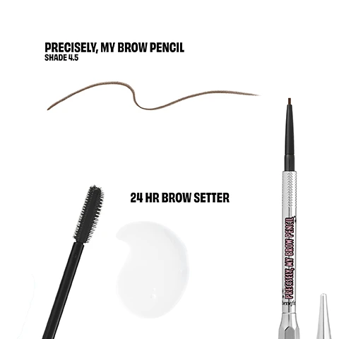 Image 1, precisely my brow shade 4. 24 hour brow setter. image 2, before and looking lifted. image 3, shades shown on 6 different models. image 4, dual sides wand lifts and locks brows in place. 24 hour staying power. quick dry and mess free. image 5, 1.5mm tip for hair like strokes. twist up, non sharpen tip. lasts 12 budge proof hours.