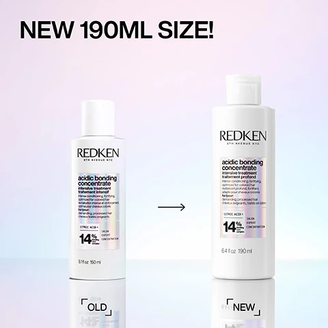 Image 1 - A comparison image showing two sizes of Redkens Acidic Bonding Concentrate hair treatment, with the left bottle labeled as OLD (150ml) and the right bottle labeled as NEW (190ml), featuring the text NEW 190ML SIZE! at the top.
              Image 2 - A white bottle of Redkens Acidic Bonding Concentrate with a black label, showcasing the products benefits, including 14X smoother hair, 2X stronger hair, and that it works in 5 minutes, with visible text and fluid cream background.
              Image 3 - Image shows two side-by-side comparisons of hair; the left side labeled BEFORE features wavy, undefined blonde hair, while the right side labeled AFTER ONE USE* displays sleek, straight, and shiny blonde hair.
              Image 4 - A split image shows the back of a persons head with curly hair, the left side labeled BEFORE displaying frizzy hair, and the right side labeled AFTER ONE USE* showing smoother, defined curls; visible text at the bottom reads *SYSTEM OF ACIDIC BONDING CONCENTRATE INTENSIVE TREATMENT, SHAMPOO, CONDITIONER, & LEAVE-IN VS. UNDAMAGED HAIR.
              Image 5 - A close-up image of a bottle of Redken Acidic Bonding Concentrate with a small amount of product oozing from the top, featuring five black stars above and text stating BEST IVE EVER USED AND IM A HAIRDRESSER, followed by a note about the product being received from Marie Claire Beauty Drawer, Aug 2022.
              Image 6 - A hand is holding a bottle of hair treatment while dispensing a white cream into the palm, with text on the image that reads PRE-SHAMPOO TREATMENT, APPLY ON DAMP HAIR, and KEEP ON FOR 5-10 MINS & RINSE. THEN, SHAMPOO.
              Image 7 - Image features a creamy white substance with bubbles and a smooth texture, along with bold text stating CITRIC ACID + BONDING CARE COMPLEX HELPS REPAIR BONDS + PREVENT FUTURE DAMAGE.
              Image 8 - A collage showcasing a pre-shampoo treatment process, featuring a hand applying product to damp hair, a close-up of hair being twisted, and a model holding a container of Redken product with instructions on how to use it, including the text PRE-SHAMPOO TREATMENT, APPLY ON DAMP HAIR BEFORE SHAMPOOING, WAIT 5-10 MINUTES. RINSE, THEN LATHER & APPLY SHAMPOO, RINSE. FOLLOW WITH CONDITIONER, RINSE, and ROTATE 5-MIN MASK WEEKLY.