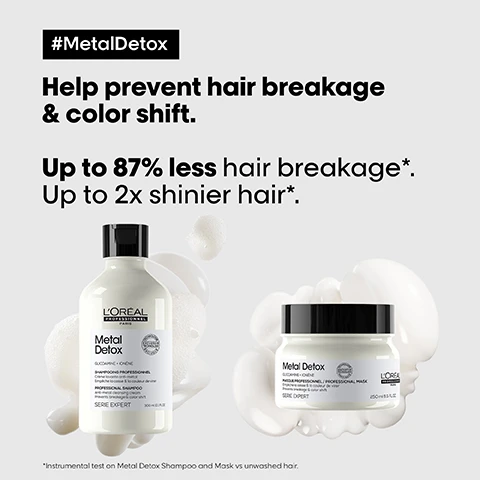Image 1 - Image of LOreal Professional Metal Detox shampoo and mask with a light gray background, featuring text that states Help prevent hair breakage & color shift, Up to 87% less hair breakage*, Up to 2x shinier hair*, and a note indicating instrumental test on Metal Detox Shampoo and Mask vs unwashed hair.
              Image 2 - A bottle of LOréal Professional Metal Detox pre-shampoo sits against a water droplet backdrop, with text highlighting the benefits: Refills 1 million hair micro-breaks, in 1 use, Up to 96% less breakage, Up to 72h nourishment, smoothness & softness.
              Image 3 - Image shows four hair transformations split into two sections with Before and After labels, featuring a straight hairstyle on top and curly hair below; the bottom section includes products with the text, The full Metal Detox routine for breakage and colour fade protection.
              Image 4 - Image of five hair care products arranged from left to right, labeled as a professional 5-step routine for thick and sensitized hair, with visible text stating NEW!, followed by the product names and steps: 01 Prepare, 02 Cleanse, 03 Treat, 04 Protect, 05 Style.
              Image 5 - An abstract image with flowing hair strands and metallic particles on a black background, featuring the text #MetalDetox and the message: Wash after wash, metal penetrates inside hair and creates a risk of breakage and colour shift, alongside the logo LOREAL PROFESSIONNEL PARIS.
              Image 6 - A reflective, abstract image showcasing a shiny, rounded structure with a crumpled metallic surface, accompanied by the text Glicoa mine, The tech, and Traps and neutralises metal inside the fibre. Inside the fibre. It removes metal particles from hair.