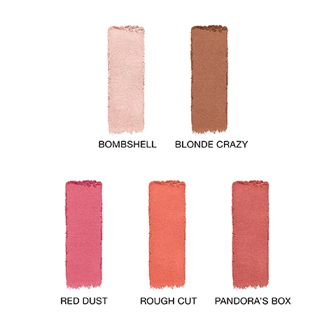 image 1, swatches of bombshell, blonde crazy, red dust, rough cut, pandora's box. image 2, shade - apply pandora's box all over lid and blonde crazy through crease, sweep both across lower lashline. blush - swirl pandora's box and rough cut on the apply of cheek and toward temple. highlight - illuminate the high point of cheekbone with bombshell.