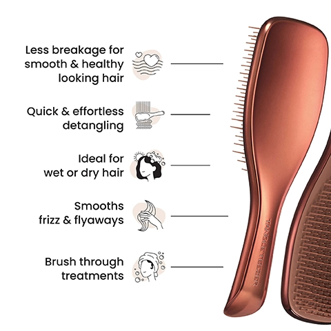A rose gold Tangle Teezer hairbrush with TANGLE TEEZER embossed on its handle is displayed next to five bullet points listing its benefits: Less breakage for smooth & healthy looking hair, Quick & effortless detangling, Ideal for wet or dry hair, Smooths frizz & flyaways, Brush through treatments.