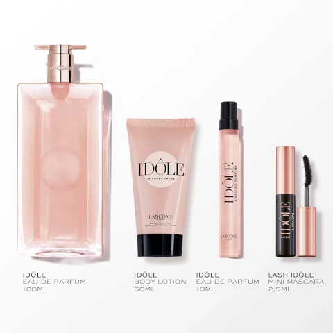 idole eau de parfum - 100ml. idole body lotion - 50ml. idole eau de parum 10ml. lash idole mini mascara 2.5ml