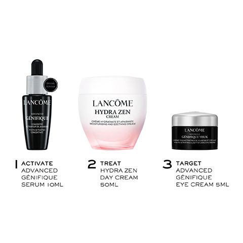 LANCOME GENIFIQUE LANCÔME HYDRA ZEN CREAM CREME HYDRATANTE ETAPAISANTE MOSTURISING AND SOUTHING CREAM LANCOME GENIFIQUE YEUX ACTIVATE ADVANCED GENIFIQUE SERUM IOML 2 TREAT HYDRA ZEN DAY CREAM 50ML 3 TARGET ADVANCED GENIFIQUE EYE CREAM 5ML