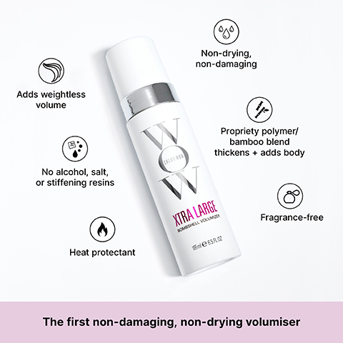 A white bottle of Color Wow Xtra Large Bombshell Volumizer 195ml 6.5 FL OZ hair product is depicted, with surrounding text listing its features: Adds weightless volume, No alcohol, salt, or stiffening resins, Heat protectant, Non-drying, non-damaging, Proprietary polymer/bamboo blend thickens + adds body, Fragrance-free, and a tagline at the bottom reads The first non-damaging, non-drying volumiser.