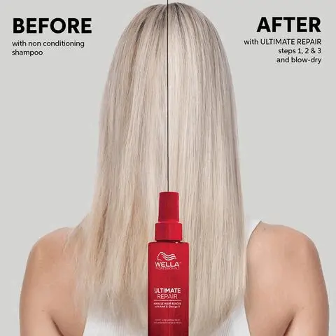 Before with non-conditioning shampoo. After with Ultimate Repair steps 1, 2, & 3 and blow-dry. Patented technology, rebuild bonds inside with AHA, replenish hair outside with Omega 9. Repair, strength, smoothness, shine. Repairs damage in 90 seconds inside & out. Before with non-conditioning shampoo. After with Ultimate Repair steps 1, 2, & 3 and blow-dry.