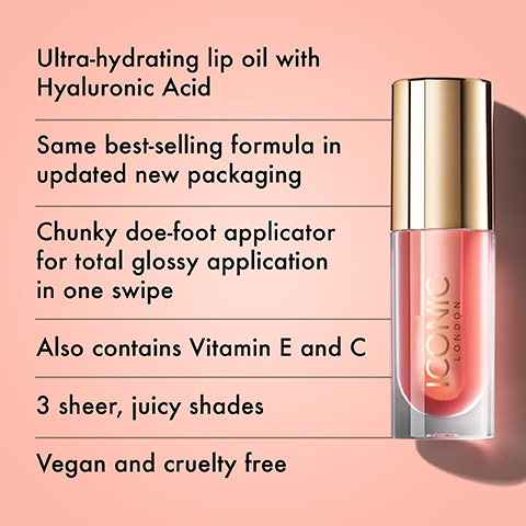ultra hydrating lip oil with hyaluronic acid. same best selling formula in updated new packaging. chunky doe foot applicator for total glossy applicator in one swipe. also contains vitamin e and c. 3 sheer juicy shades. vegan and cruelty free.
