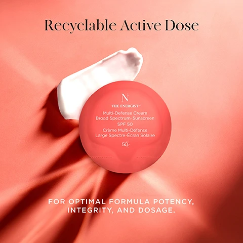 Image 1, recyclable active dose. for optimal formula potency, integrity and dosage. image 2, mutli defense shield. 100% sun spectrum, UVA, UVB, infrared, visible and blue lights. pollution and free radicals. image 3, preserve skin, correct age spots, reduce wrinkles. image 4, recycle, refill, repeat. FSC certified paper. 100% recyclable active doses.