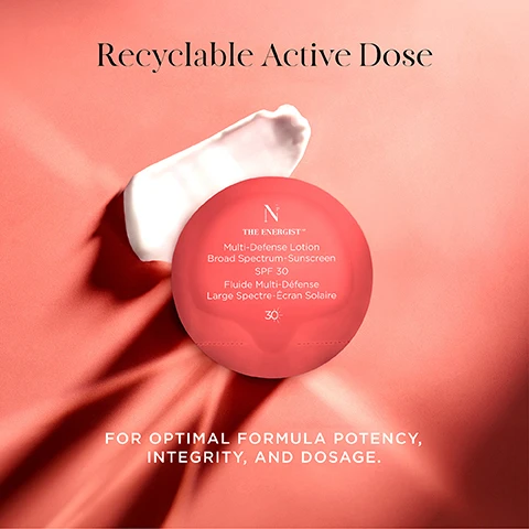 Image 1, recyclable active dose. for optimal formula potency, integrity and dosage. image 2, mutli defense shield. 100% sun spectrum, UVA, UVB, infrared, visible and blue lights. pollution and free radicals. image 3, preserve skin, correct age spots, reduce wrinkles. image 4, the energist collection. the first photoaging protector and corrector activated by light.
