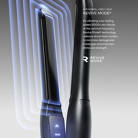 Image 1 - Close up of a black hair straightener with glowing blue lines around the plates showing vibration and text that reads FOR MINIMAL DIRECT HEAT REVIVE MODE® By vibrating your styling plates 8000x per minute at the optimal frequency, Revive Mode® technology reduces direct heat contact to minimise damage and breakages and improves shine and strength. R REVIVE MODE® REVIVE. Image 2 - Close-up of a black hair styling tool showing the brand name Cloud Nine and temperature settings on a digital display with text FOR HEALTHIER STYLING 11 TEMPERATURE SETTINGS Select your optimum styling temperature from 11 heat settings between 100°C and 200°C. Whatever your hair type, it responds better when styled at the perfect temperature - the right setting reduces damage from excessive heat and promotes healthier hair. Image 3 - Close-up of a dark grey hair styling tool with text on a grey background that says FOR A GLOSSIER FINISH SERICITE® PLATES Sericite®-infused, cushioned styling plates lock in moisture and distribute heat evenly to promote strength, frizz-free shine and long-lasting health. Image 4 - A close-up of a black hair straightener with visible text KINDER SERICITE* PLATES, PRESSURE-REDUCING REVIVE MODE*, PERSONALISED TEMPERATURE CONTROL, REVIVE, and CLOUD NINE with a temperature scale.