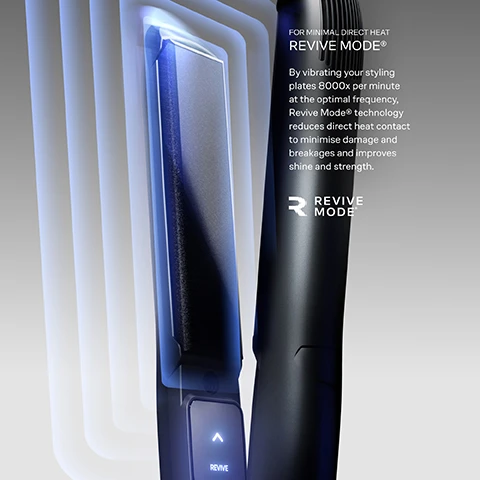 Image 1 - Close-up of a black hair straightener with blue glow around the styling plates and text FOR MINIMAL DIRECT HEAT REVIVE MODE By vibrating your styling plates 8000x per minute at the optimal frequency, Revive Mode technology reduces direct heat contact to minimise damage and breakages and improves shine and strength. R REVIVE MODE. Image 2 - A dark hair styling tool showing a digital display with CLOUD NINE and temperatures 100, 150, 200, next to text reading FOR HEALTHIER STYLING, 11 TEMPERATURE SETTINGS, Select your optimum styling temperature from 11 heat settings between 100°C and 200°C. Whatever your hair type, it responds better when styled at the perfect temperature - the right setting reduces damage from excessive heat and promotes healthier hair. Image 3 - Close up of a dark hair styling tool plate shown alongside text describing it: FOR A GLOSSIER FINISH SERICITE PLATES Sericite-infused cushioned styling plates lock in moisture and distribute heat evenly to promote strength frizz-free shine and long-lasting health. Image 4 - A dark grey hair straightener with feature labels reading [01.] KINDER SERICITE* PLATES [02.] PRESSURE- REDUCING REVIVE MODE* [03.] PERSONALISED TEMPERATURE CONTROL and text on the device display reading REVIVE CLOUD NINE 200 150 100.