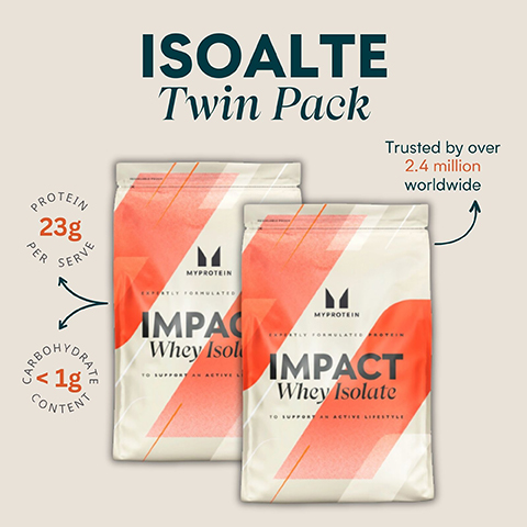 PROTEIN 23g PER SERVE ISOALTE Twin Pack Trusted by over Л JRBOHYDRA < 1g CONTENT MYPROTEIN EXPERTLY FORMULATED IMPAC Whey Isol TO SUPPORT AN ACTIVE L M MYPROTEIN EXPERTLY FORMULATED PROTEIN IMPACT Whey Isolate TO SUPPORT AN ACTIVE LIFESTYLE 2.4 million worldwide