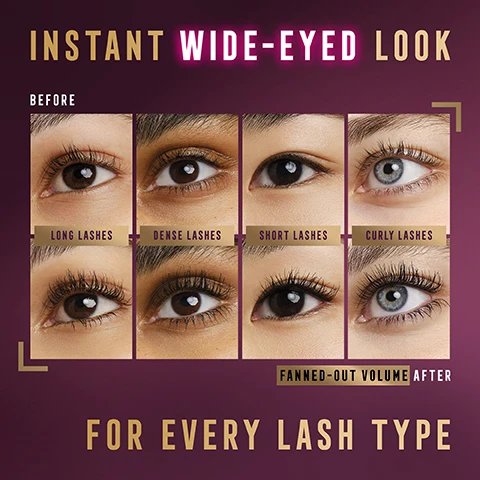Image 1, instant wide eyed look before and after. fanned out volume. long lashes, dense lashes, short lashes, curly lashes. for every lash type. image 2, all day softness. step 1 = 1 layer of mascara. step 2 = 3 layers of mascara. clump free volume. image 3, divine lashes volumising mascara. 86% agree it provided wide eyed look. consumer sutdy, 102 participants.