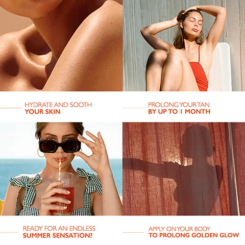 Image 1 - A collage of four images featuring a close-up of a womans shoulder and neck, a woman in a red swimsuit sunbathing, a woman in sunglasses drinking from a straw, and a shadow of a person behind a curtain, with text that reads: hydrate and soothe your skin, prolong your tan by up to 1 month, ready for an endless summer sensation?, apply on your body to prolong golden glow.
              Image 2 - An orange line drawing of a leaf inside a circular outline, with the text 86.6% NATURAL ORIGIN INGREDIENTS below it.
              Image 3 - Four Lancaster sun care products are displayed: a tube of Sun Beauty Sublime Tan with 30 SPF, a spray bottle labeled Sun Beauty with 30 SPF, a pump bottle for Golden Tan Maximizer, and a bottle of Golden Tan Maximizer. The visible text reads DISCOVER THE BEAUTY RITUAL FOR SUBLIME TAN and *ALL PRODUCTS SOLD SEPARATELY.