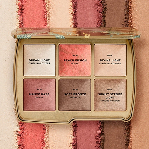 image 1, dream light finishing powder. new peach fusion blush. new divine light finishing powder. new mauve haze blush. new soft bronze bronzer. new sunlit strobe light strobe powder. image 2, before and after. image 3, non human rights project. 5% of net profits from unlocked support the non human rights project in their efforts to secure fundamental rights for animals.