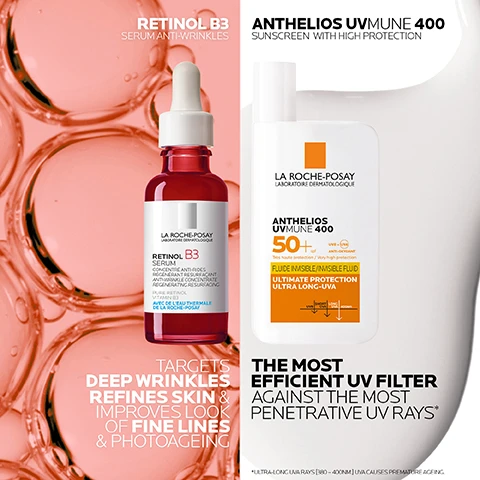 Image 1, retinol B3 - serum anti wrinkles. targets deep wrinkles refines skin and improves look of fine lines and photoageing. anthelios UVmune 400 - sunscreen with high protection. the most efficient UV filter against the most penetrative UV rays. image 2, 1 = retinol B3 serum. 2 = anthelois UVmune 400 sunscreen. image 3, 1 = apply 2-3 drops to face after cleansing. 2 = apply a teaspoon of sunscreen to face and neck, reapply every 2 hours. image 4, lightweight, hydrating texture even for sensitive skin. pure and radual retinol vitamin B3, gently exfoliates skin's surface. retinol B3 serum. non sticky, non greasy, no white marks. ultra protection, ultra resistant. water, sweat and sand resistant. anthelios UV mune 400. image 5, number 1 dermatologist recommended brand in the UK. image 6, pure gradual retinol. helps to improve the appearance of fine lines and wrinkles. mexoryl 400 = the most efficient UV filter against the most penetrative UV rays.