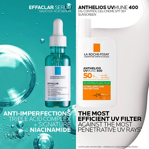 image 1, anti imperfections triple acid complex and signature niacinamide. the most efficient UV filter against the most penetrative UV rays. image 2, 1 = effaclar serum. 2 = anthelios UV mune 400. image 3, 1 = apply 2-3 drops to face at night after cleansing. 2 = apply a teaspoon of sunscreen to face and neck in the morning, reapply every 2 hours. image 4, non greasy non comedogenic. blemish prone skin also suitable for those who many be prone to acne. lightweight serum anti imperfections. dry touch, non sticky, no white marks. mattifying effect suitable for oily skin. ultra protection, ultra resistant. image 5, number 1 dermatologist recommended brand in the UK.