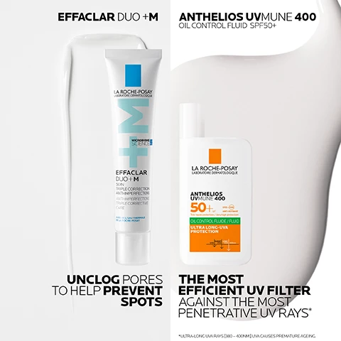 image 1, effaclar duo, unclog pores to help prevent spots. anthelios UV mune 400 - the most efficient UV fulter against the most penetrative UV rays. image 2, 1 = effaclar purifying foaming gel. 2 = effaclar duo. 3 = anthelios UV mune 400. image 3, 1 = apply a small amount to face avoiding eye area. 2 = apply a teaspoon of sunscreen to face and neck reapply every 2 hours. image 4, non greasy non comedogenic. blemish prone skin also suitable for those who may be prone to acne. gel-cream texture mattifying and hydrating. dry touch, non sticky no white marks. mattifying effect suitable for oily skin. image 5, visible results in 8 hours.