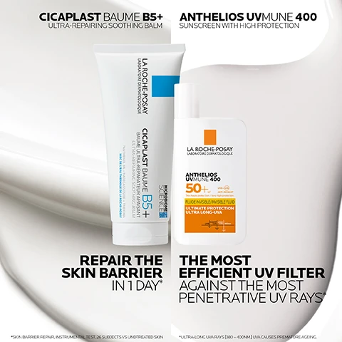image 1, cicaplast baume B5+ - repair the skin barrier in 1 day. anthelios UV mune 400 = the most efficient UV filter against the most penetrative UV rays. image 2, 1 = cicaplast baume B5+. 2 = anthelios UV mune 400. image 3, 1 = can be applied to body, face and neck. 2 = apply a teaspoon of sunscreen to face and neck every two hours. image 4, rich nourishing texture. pro massage. instantly soothing. non sticky, non greasy, no white marks. ultra protection, ultra resistant. water, sweat and sand resistant. image 5, number 1 dermatologist recommended brand in the UK.