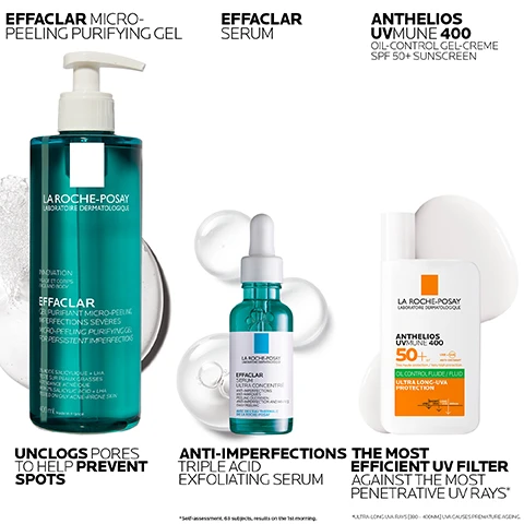 image 1, effaclar micro peeling purifying gel - inclogs pores to help prevent spots. effaclar serum - anti imperfections triple acif exfoliating serum. anthelios UV mune 400. oil control gel creme SPF 50+ sunscreen - the most efficient UV filter against the most penetrative UV rays. image 2, 1 = effaclar micro peeling purifying gel. 2 = effaclar serum. 3 = anthetlios UV mune 400. image 3, 1 = morning or evening massage wet onto skin. 2 = apply 2-3 drops to face after cleansing. 3 = apply a teaspoon of sunscreen to face and neck in the morning and reapply every 2 hours. image 4, deeply unclogs pores, blemish prone skin also suitable for those who may be prone to acne. removes excess sebum. non greasy, non comedogenic. lightweight serum, anti-imperfections. dry touch non sticky, no white marks. ultra protection, ultra resistant. image 5, ingredients for effalcar micro peeling purifying gel, effaclar serum and anthelios UV mune 400.