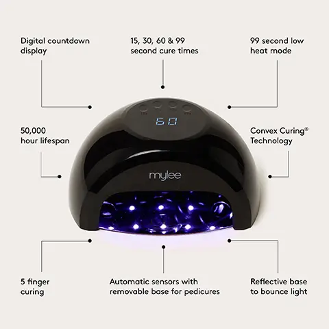 Digital count down display. 50,000 hour lifespan. 5 finger curing. 15, 30, 60 & 99 second cure times. Automatic sensors with removable base for pedicures. 99 second low heat mode. Convex Curing Technology. Reflective base to bounce light. Step-By-Step, 1. PREP, Push back your cuticles, file, buff, and cleanse with a Lint Free Wipe soaked in Mylee 2-in-1 Prep & Wipe. 2. BASE, Apply the Mylee Base Coat on 5 fingers & cure for 60 seconds under the Grande LED Lamp. 3. APPLY, PLAY & CURE, Apply a Mylee Gel Polish of your choice. The 15 & 30 second times are perfect for flash curing and creating nail art. The 60 second cure is perfect for thin layers of polish, Builder Gel, or Magic Extender Gel extensions. While the 99 second option with gradual heat increase in low heat mode is ideal for thicker layers of Builder Gel and helps to avoid gel spikes. 4. FINISH, Complete your nails with a layer of Mylee Top Coat & cure for 60 seconds. 5. AFTERCARE, Wash your hands, moisturise and apply a little Nail & Cuticle OIl then you're set for up to 3 weeks. Products sold separately.