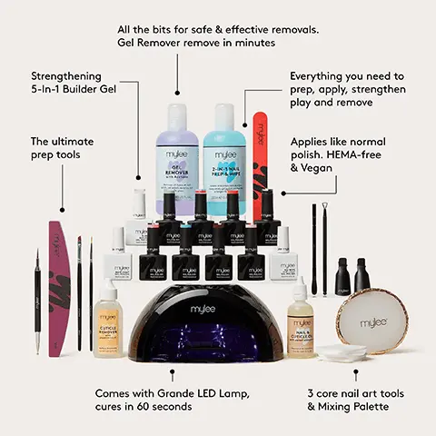 All the bits for safe & effective removals. Gel Remover remove in minutes. Strengthening 5-ln-l Builder Gel. The ultimate prep tools. Comes with Grande LED Lamp, cures in 60 seconds. Everything you need to prep, apply, strengthen play and remove. Applies like normal polish. HEMA-free & Vegan. 3 core nail art tools & Mixing Palette. Lasts for up to 3 weeks. Applies like normal polish. HEMA-free. Vegan. Cures in 60 seconds. No dry time with LED lamp. Removes in 6 minutes.  Digital count down display. 50,000 hour lifespan. 5 finger curing. 15, 30, 60 & 99 second cure times. Automatic sensors with removable base for pedicures. 99 second low heat mode. Convex Curing Technology. Reflective base to bounce light. Step-By-Step, 1. PREP, Prep your nails with Cuticle Remover, then use the Metal Cuticle Pusher to gently remove skin & push back cuticles. Use the 180 grit side of the Foam Nail File to remove shine and cleanse with Lint Free Wipes soaked in Prep & Wipe. 2. BASE, Apply a Base Coat and cure for 60 seconds. Use the Angled Brush for clean up. 3. STRENGTHEN OPTIONAL & COLOUR, Apply the 5-in-1 Builder Gel, then cure for 60 seconds. Alternatively just add 2-3 thin layers of Gel Polish before curing as part of the same process. 4. PLAY, Get creative with the nail art by pouring polish onto the Mixing Palette and using the Dotting Tool or Nail Art Brush 9mm to design. Cure as needed. 5. FINISH, Apply a layer of the No Wipe Top Coat and cure for 60 seconds. To finish, wash your hands and apply a little Cuticle Oil. Then you're set for up to 3 weeks. 6. REMOVE, To remove, buff nails with a 180 grit Dual Sided Nail File, apply Gel Remover soaked cotton pads secured with Soak Off Clips for 10-15 mins, remove pads, push off remaining gel with metal cuticle pusher, wash hands, and apply cuticle oil.