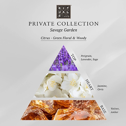 Private collection savage garden, citrus - green floral & woody. Top, Petigrain, lavender, sage. Heart, jasmine, orris. Base, vetiver, amber.