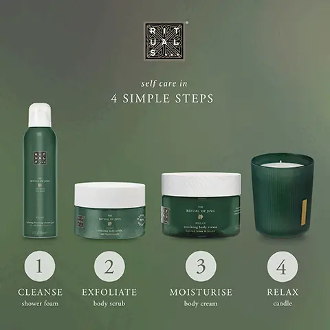 self care in 4 simple steps. 1, cleanse shower foam. 2, exfoliate body scrub. 3, moisturise body cream. 4, relax candle. The ritual of jing ingredients. White lotus well known for its soothing properties. Jujube used in traditional Chines medicine to reduce stress and product a calm state of mind.