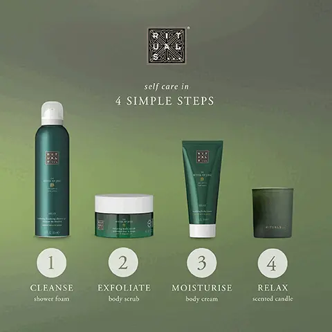 self care in 4 simple steps. 1, cleanse shower foam. 2, exfoliate body scrub. 3, moisturise body cream. 4, relax scented candle. The ritual of jing ingredients. White lotus well known for its soothing properties. Jujube used in traditional Chines medicine to reduce stress and product a calm state of mind.