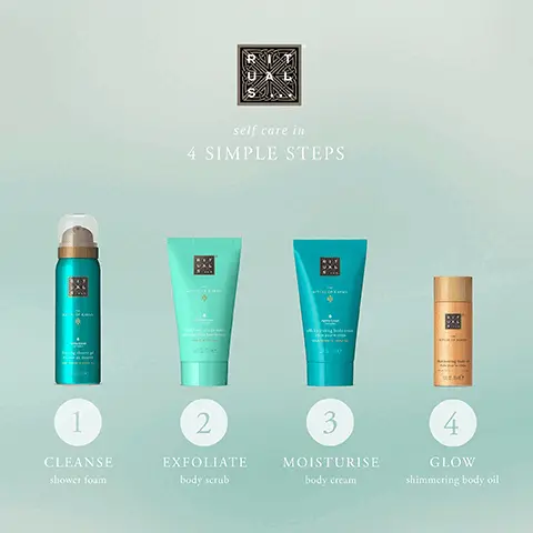 self care in 4 simple steps. 1, cleanse shower foam. 2, exfoliate body scrub. 3, moisturise body cream. 4, glow shimmering body oil. Lotus flower, known for its soothing and caring properties. White tea, fresh, clean and green fragrance with a slight flowery accord.