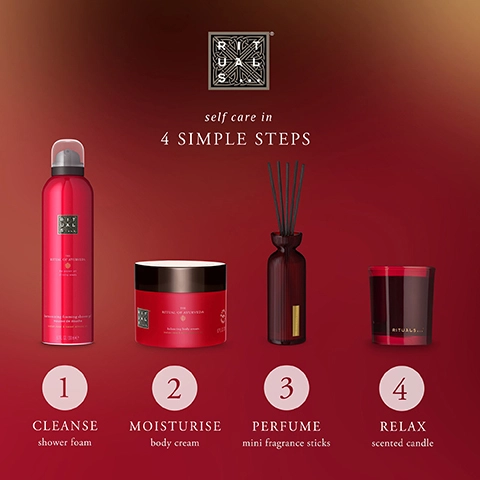 self care in 4 simple steps. 1, cleanse shower foam. 2, moisturise body cream. 3, perfume mini fragrance sticks. 4, relax scented candle.