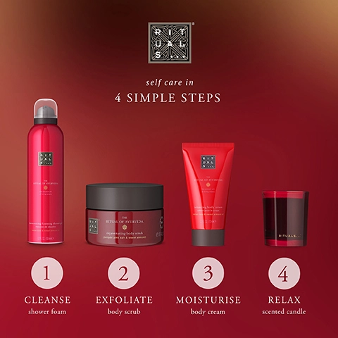 self care in 4 simple steps. 1, cleanse shower foam. 2, exfoliate body scrub. 3, moisturise body cream. 4, relax candle.