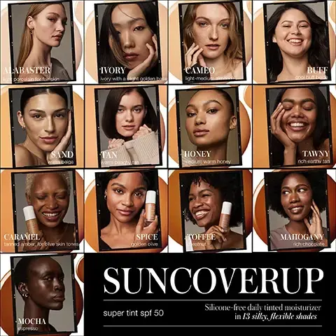 image 1, suncoverup super tint SPF 50. silicone free daily tinted moisturiser in 13 silky, flexiable shades. image 2, clean coverage and powerful protection. provides 24 hours of hydration. suitable for sensitive skin. dermatologist tested. hypoallergenic. image 3, skin loving clean ingredients. glowplex - a complex of niacinamide and natural peptides including quinoa seed extract and pea extract that boosts radiance, smooths, firms and brightens skin tone. RMS adaptogenic herbal blend - a propietary blend of 9 adaptogenic herbs that help to balance, hydrate, soothe and soften the skin. vegetable squalane - a moisture rich, plant based emollient that hydrates skin and balances oil production while improving skin elasticity. non nano zinc oxide - mineral SPF that physically protects skin from the sun's harmful rays. bisabolol - natural soothing agent extracted from chamomile, known for its skin calming properties. image 4, suncover up super tint SPF 50, superior hydration, illumination and protection with mineral SPF 50. theirs = chemical SPF, no blue light protection, thick and heavy coverage, dehydrating, no skincare benefits, leaves a white cast, irritates skin. ours = non nano zinc oxide SPF 50, blue light protection, light dewy coverage, 24 hours of hydration, 94% skincare infused formula, 13 sheer flexiable shades, dermatologist tested and hypoallergenic. image 5, RMS shade guide. image 5, a super tint with SPF superpowers. long lasting 8 hour wear. 94% agree it instantly evens out complexion. results observed in a 7 day consumer study on 34 individuals.