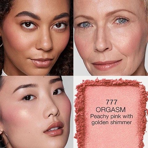 image 1, orgasm - peachy pink with golden shimmer. image 2, afterglow lip shine, afterglow sensual shine lipstick and blush swatches on three different skin tones.