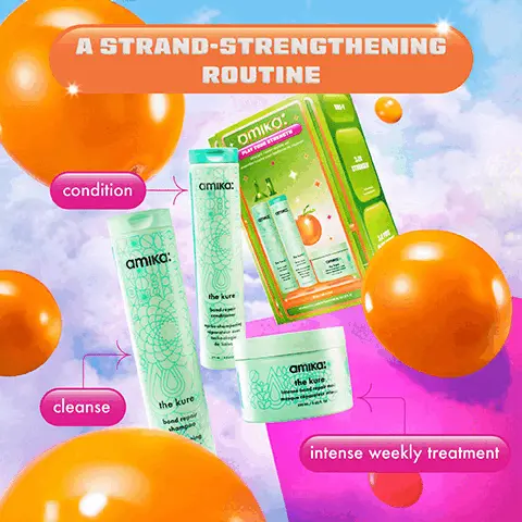 A strand-strengthening routine. Condition, cleanse, intense weekly treatment. The strongest strands win. 3.2x stronger hair, 55% less breakage. Before, After, strengthen dry, damaged hair. Level up their wash and care routine. Strengthen dry & damaged hair, nourish fine to medium hair. UNLOCK SUPERFRUIT POWERED HAIRCARE. amika's superfruit sea buckthorn is packed with free fatty acids (lipids!) + 1 of the highest known concentrations of
              omega 7 in the world. vegan, cruelty-free, paraben-free, phthalate-free, Sles + SIS free, color-safe, suitable for chemically, 
              treated hair.
