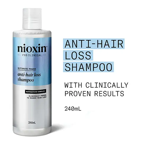 Image 1, anti hair loss shampoo with clinically proven results Image 2, clinically proven to grow stronger hair from the root Image 3, clinically proven results activates hair follicles removes buildup visibly less hair loss formulated with nutractive complex Image 4, hioxin PRO CLINICAL ULTIMATE POWER anti-hair loss shampoo CLINICALLY TO REDUCE 240L 1 HOW TO USE Massage on to scalp & hair for 2 minutes 2 Rinse thoroughly Use daily Image 5, before and after Image 6, niacinamide a form of vitamin B3, niacinamide helps nourish the hair root and can have a positive impact on hair growth and overall scalp health lauric acid penetrates the hair roots and provides nourishment to support healthy hair growth caffeine stimulates hair follicles improves blood circulation and maintains the skin barrier sandalore stimulates hair follicles to help improve hair anchorage Image 7, nioxin grow results nioxins advanced scalp science can target hair thinning and hair loss for proven results you can see and feel
