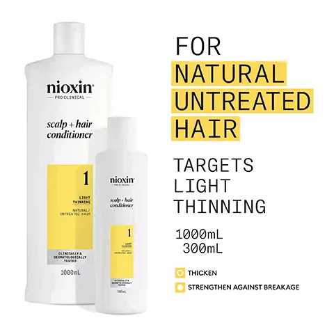 Image 1, for natural untreated hair targets light thinning, thicken and strengthen against breakage Image 2, use system to see results in just 30 days Image 3, FOR THICKER, FULLER HAIR THICKENS & STRENGTHENS LIGHT THINNING HAIR HYDRATES SCALP AND HAIR FROM ROOT TO TIP FORMULATED WITH POWERFUL NIACINAMIDE & BIOTIN CLINICALLY & DERMATOLOGICALLY TESTED Image 4, how to use 1, work conditioner through the hair, from scalp to ends 2, rinse thoroughly to make sure all product is removed Image 5, MENTHA ARVENSIS LEAF OIL Also known as wild mint oil, this oil is known for its refreshing and invigorating benefits that stimulate the scalp and promote circulation PEPPERMINT OIL Can assist in regulating sebum production and controlling oiliness Image 6, nioxin scalp and hair conditioner results cleanses and provide a refreshed scalp environment and healthy shine to natural hair Image 7, MENTHA ARVENSIS LEAF OIL Also known as wild mint oil, this oil is known for its refreshing and invigorating benefits that stimulate the scalp and promote circulation PEPPERMINT OIL Can assist in regulating sebum production and controlling oiliness Image 8, nioxin growth results only nioxin advanced scalp science can target hair thinning and hair loss for proven results you can see and feel Image 9, new look same great formula