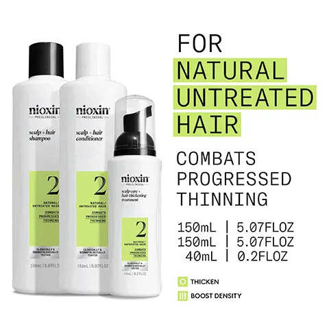 Image 1, for natrual untreated hair combats progressed thinning Image 2, results in just 30 days Image 3, FOR THICKER, FULLER HAIR BOOSTS HAIR DENSITY FOR PROGRESSED THINNING HYDRATES SCALP AND HAIR FROM ROOT TO TIP FORMULATED WITH POWERFUL NIACINAMIDE & BIOTIN CLINICALLY & DERMATOLOGICALLY TESTED Image 4, how to use 1, massage shampoo into hair and scalp rinse thoroughly 2, rub conditioner from scalp to ends rinse thoroughly 3, apply treatment to scalp and hair from roots to ends do not rinse Image 5, before and after Image 6, CAFFEINE Stimulates hair follicles, improves blood circulation and maintains the skin barrier MENTHA ARVENSIS LEAF OIL Also known as wild mint oil, this oil is known for its refreshing and invigorating benefits that stimulate the scalp and promote circulation PEPPERMINT OIL Can assist in regulating sebum production and controlling oiliness NIACINAMIDE A form of vitamin B3, Niacinamide helps nourish the hair root and can have a positive impact on hair growth and overall scalp health Image 7, 2 1 NIOXIN SCALP & HAIR SHAMPOO Removes dirt, excessive oil and other environmental residues. NIOXIN SCALP & HAIR CONDITIONER Helps provide hair resilience, hydrates scalp and hair from root to tip. 3 SCALP CARE & HAIR THICKENING TREATMENT Refreshes the scalp and increases hair volume. Image 8, nioxin grows results only nioxin advanced scalp science can target hair thinning and hair loss for proven results you can see and feel Image 9, new look same great formula