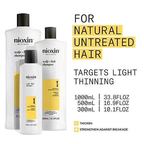 Image 1, for natural untreated hair targets light thinning Image 2, use system kit 1 to see results in just 30 days Image 3, FOR THICKER, FULLER HAIR THICKENS & STRENGTHENS LIGHT THINNING HAIR HYDRATES SCALP AND HAIR FROM ROOT TO TIP FORMULATED WITH POWERFUL NIACINAMIDE & BIOTIN CLINICALLY & DERMATOLOGICALLY TESTED Image 4, how to use scalp and hair shampoo 1 massage cleanser shampoo into hair and scalp 2 rinse thoroughly Image 5, MENTHA ARVENSIS LEAF OIL Also known as wild mint oil, this oil is known for its refreshing and invigorating benefits that stimulate the scalp and promote circulation PEPPERMINT OIL Can assist in regulating sebum production and controlling oiliness SALICYLIC ACID Helps to remove dead skin cells, excess oil and product buildup from the scalp, promoting a healthier enviornment Image 6, ΝΙΟΧΙΝ SCALP & HAIR SHAMPOO result: Helps remove dirt, excessive oil and other environmental residues from scalp and hair. Image 7, nioxin grows results only nioxin advanced scalp science can target hair thinning and hair loss for proven results you can see and feel Image 8, new look same great formula