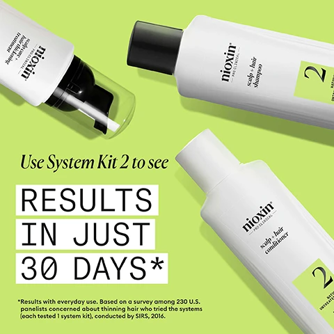Image 2 - Three white Nioxin System Kit 2 hair care bottles, including a scalp care + hair thickening treatment, a scalp + hair shampoo, and a scalp + hair conditioner, are arranged on a lime green background with the text Use System Kit 2 to see RESULTS IN JUST 30 DAYS* and a disclaimer *Results with everyday use. Based on a survey among 230 U.S. panelists concerned about thinning hair who tried the systems (each tested 1 system kit), conducted by SIRS, 2016. Image 3 - A person with dark, curly hair touches their head and smiles, with text on the left stating: FOR THICKER, FULLER HAIR BOOSTS HAIR DENSITY FOR PROGRESSED THINNING HYDRATES SCALP AND HAIR FROM ROOT TO TIP FORMULATED WITH POWERFUL NIACINAMIDE & BIOTIN CLINICALLY & DERMATOLOGICALLY TESTED. Image 4 - Alt text generation failed Image 5 - The image displays two panels on the left showing green liquid droplets on light green surfaces, while the two right panels feature text on a solid light green background describing MENTHA ARVENSIS LEAF OIL. Also known as wild mint oil, this oil is known for its refreshing and invigorating benefits to the scalp, and PEPPERMINT OIL. Can assist in regulating sebum production and controlling oiliness. Image 6 - A white, wavy, creamy product texture serves as the background for the text: NIOXIN SCALP & HAIR CONDITIONER result: Cleanse and provide a refreshed scalp environment and healthy shine to natural hair. Image 7 - The image shows black text on a light green background, displaying the Nioxin logo and brand message: nioxin PRO CLINICAL NIOXIN GROWS RESULTS Only Nioxins Advanced Scalp Science Can Support Stronger Hair From the Root for Results You Can See and Feel. Image 8 - The image displays two white Nioxin conditioner bottles, old and new packaging, side by side, with the overlay text NEW LOOK same great formula; the old bottle on the left reads Nioxin Scalp Therapy Revitalizing Conditioner Step 2 Natural Hair Light Thinning 300 mL and is labeled Old, while the new bottle on the right reads nioxin PRO CLINICAL scalp + hair conditioner 2 NATURAL/UNTREATED HAIR COMBATS PROGRESSED THINNING CLINICALLY & DERMATOLOGICALLY TESTED 300 mL | 10.1 FL OZ and is labeled New.