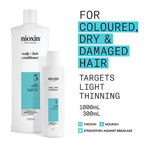 For coloured, dry & damaged hair. Targets light thinning. 1000ml, 300ml. Thicken, nourish, strengthen against breakage. Use system kit 3 to see results in just 30 days, results with everyday use. Based on a survey among 230 US panelists concerned about thinning hair who tried the systems each tested 1 system kit, conducted by SIRS 2016. For thicker fuller hair. Thickens, strengthens & nourishes light thinning hair. Leaves hair thicker, fuller while maintaining vibrant colour. Formulated with powerful niacinamide & biotin. Clinically & dermatologically tested. How to use scalp + hair conditioner. 1, work conditioner through the hair, from scalp to ends. 2, rinse thoroughly to make sure all product is removed. Mentha arvensis leaf oil also known as wild mint oil, this oil is known for its refreshing and invigorating benefits that stimulate the scalp and promote circulation. Peppermint oil can assist in regulating sebum production and controlling oiliness. Nioxin scalp & hair conditioner result, cleanse and provide a refreshed scalp environment and healthy shine to natural hair. nioxin pro clinical nioxin grows results tm. Only Nioxin's advanced scalp science can target hair thinning and hair loss for proven results you can see and feel. New look, same great formula. Old. New.